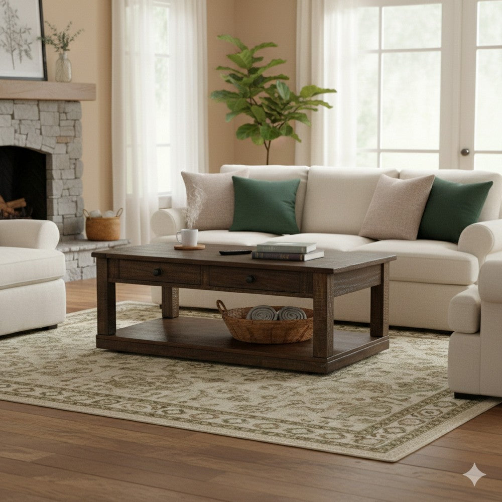 Flint Coffee Table, 2 Drawers, Shelf, Dark Brown Mahogany, 48 Inch -BM325518