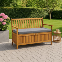 Outdoor Storage Bench, Brown Solid Acacia Wood, Gray Fabric, 47 Inch -BM325570
