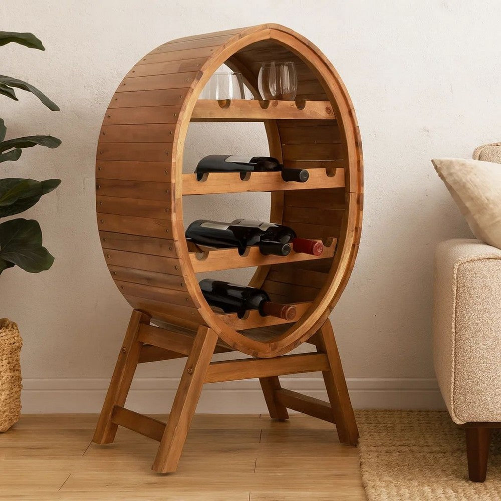 Oval Wine Rack, 13 Bottles, 35 Inch Tall Brown Solid Acacia Wood Frame -BM325574