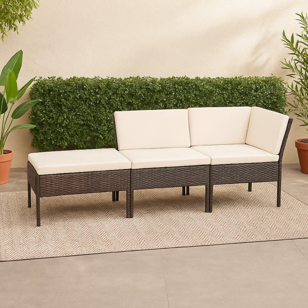 Modular 3pc Outdoor Lounger Sofa, Brown Poly Rattan, Ivory Fabric -BM325594
