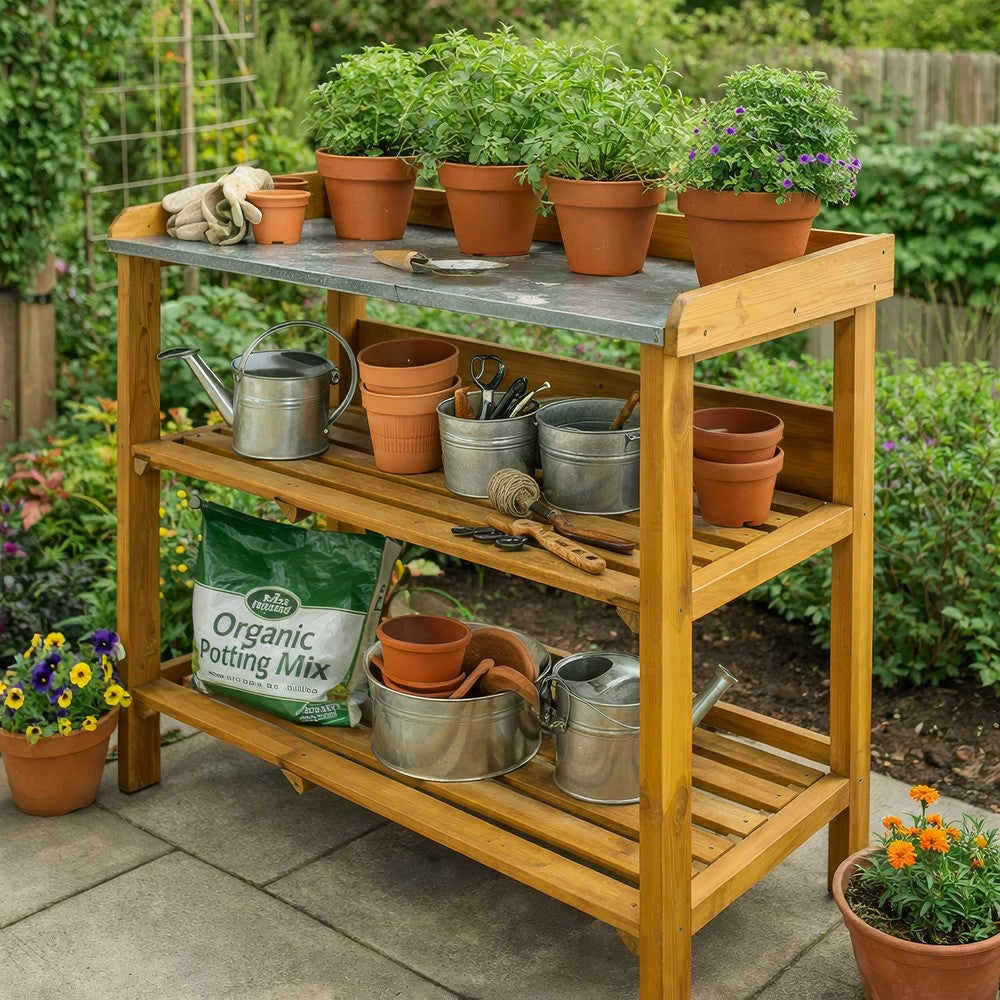 Outdoor Plant Shelf Rack, 2 Shelves, Zinc Liner, Brown Wood, 36 Inch -BM325598