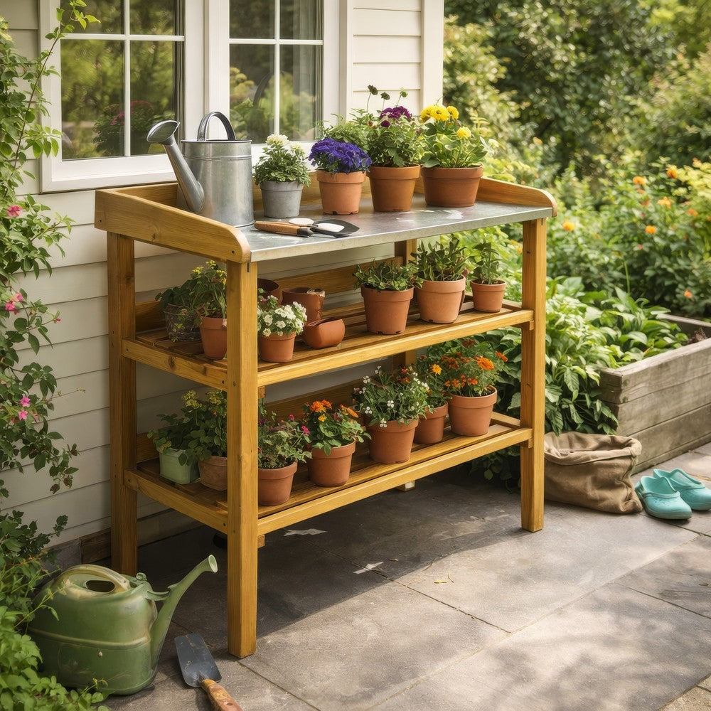 Outdoor Plant Shelf Rack, 2 Shelves, Zinc Liner, Brown Wood, 36 Inch -BM325598