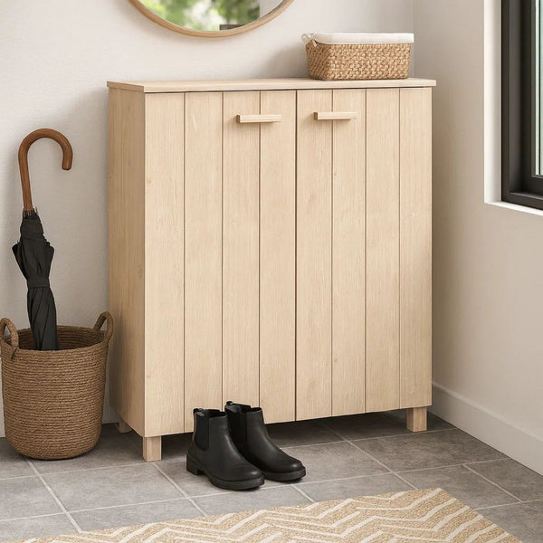 Shoe Cabinet, 2 Slatted Doors, Honey Brown Pine Wood, 33x16x42In -BM325612