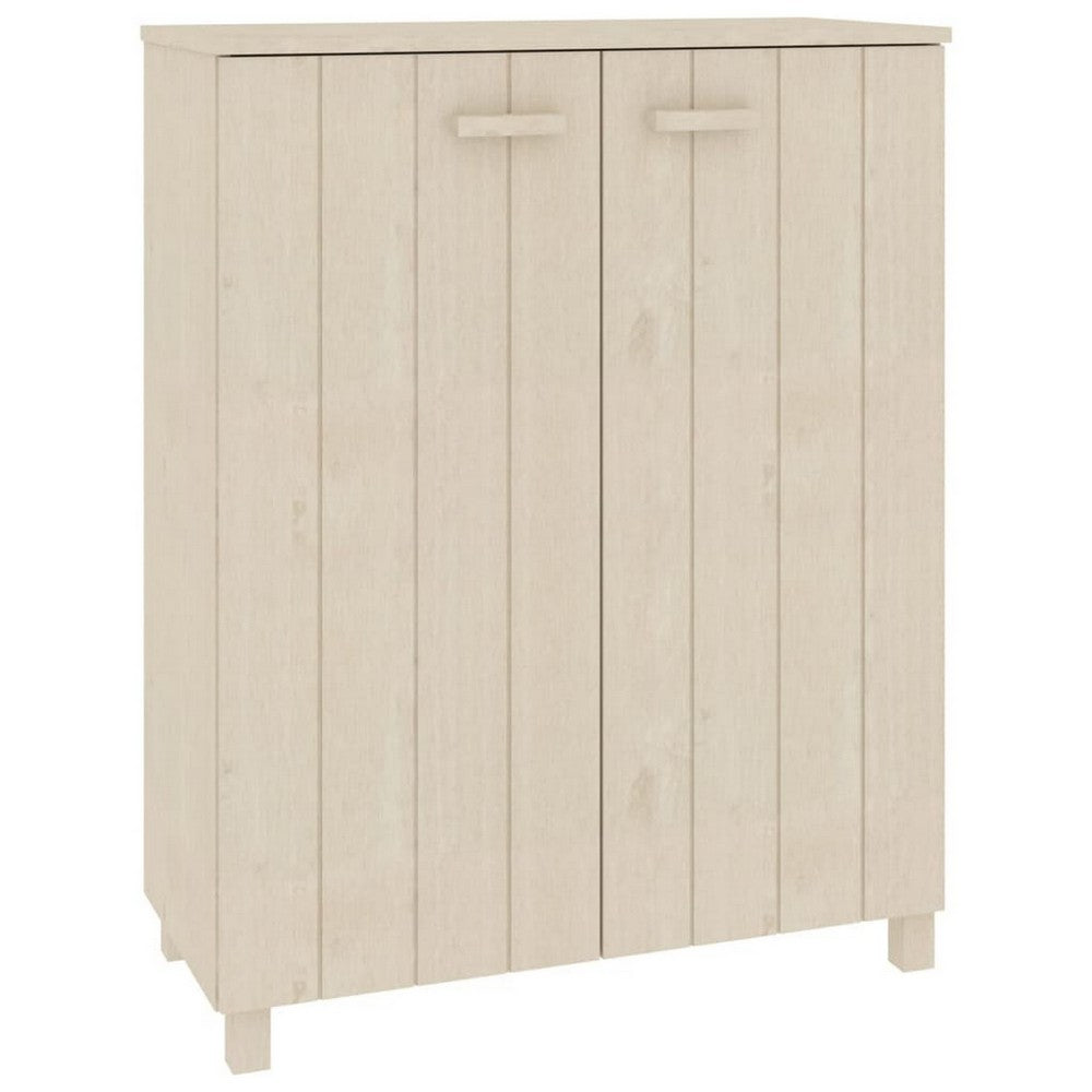 benzara Shoe Cabinet 2 Slatted Doors Honey Brown Pine Wood 33x16x42In -BM325612