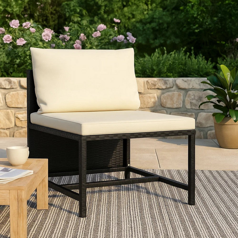 Reno Outdoor Sectional Middle Sofa Chair, Ivory, Black Poly Rattan -BM325626