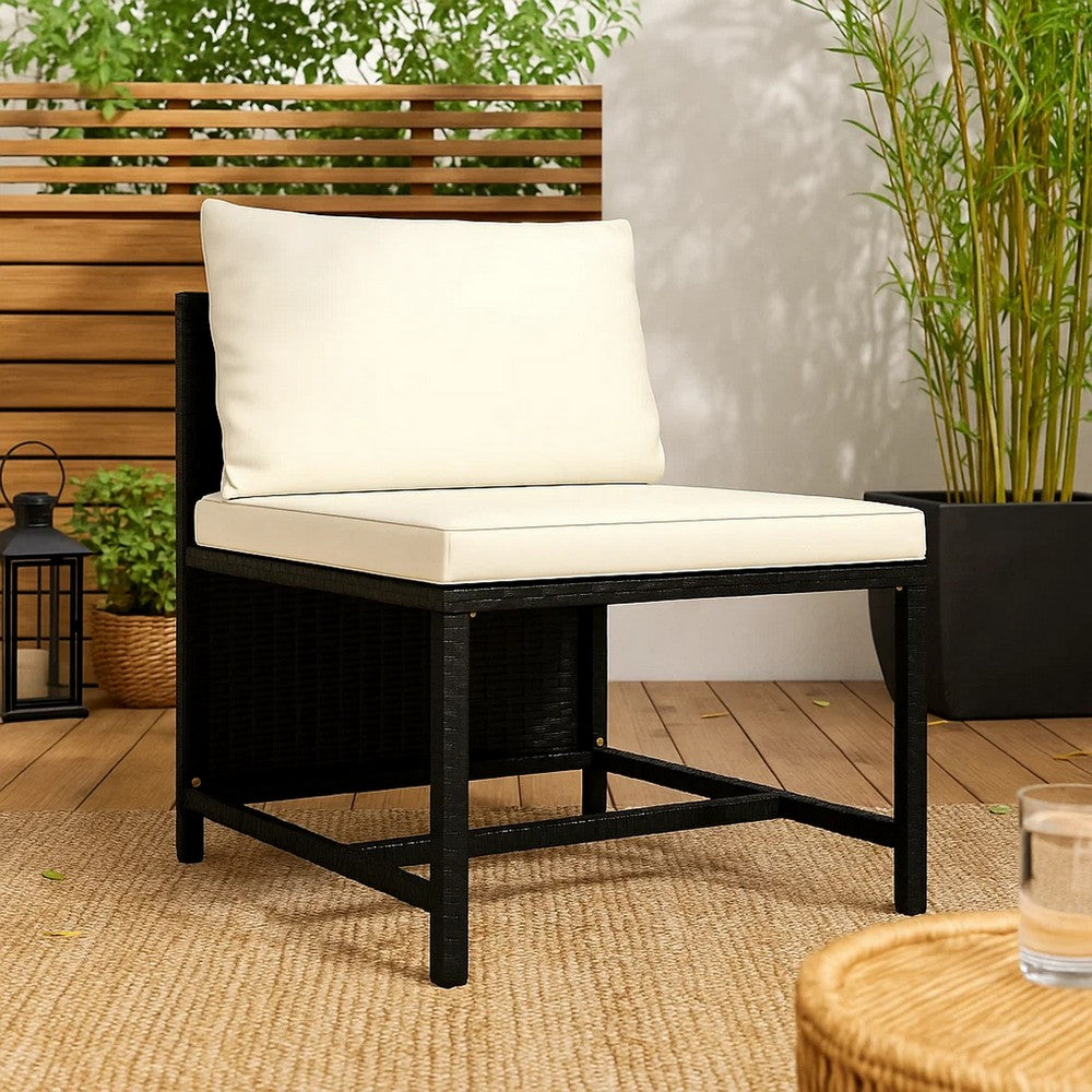 Reno Outdoor Sectional Middle Sofa Chair, Ivory, Black Poly Rattan -BM325626