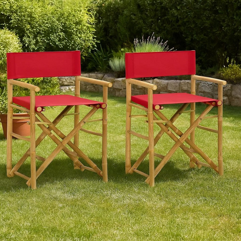Outdoor Foldable Accent Chair Set of 2, Red Fabric, Brown Bamboo -BM325627
