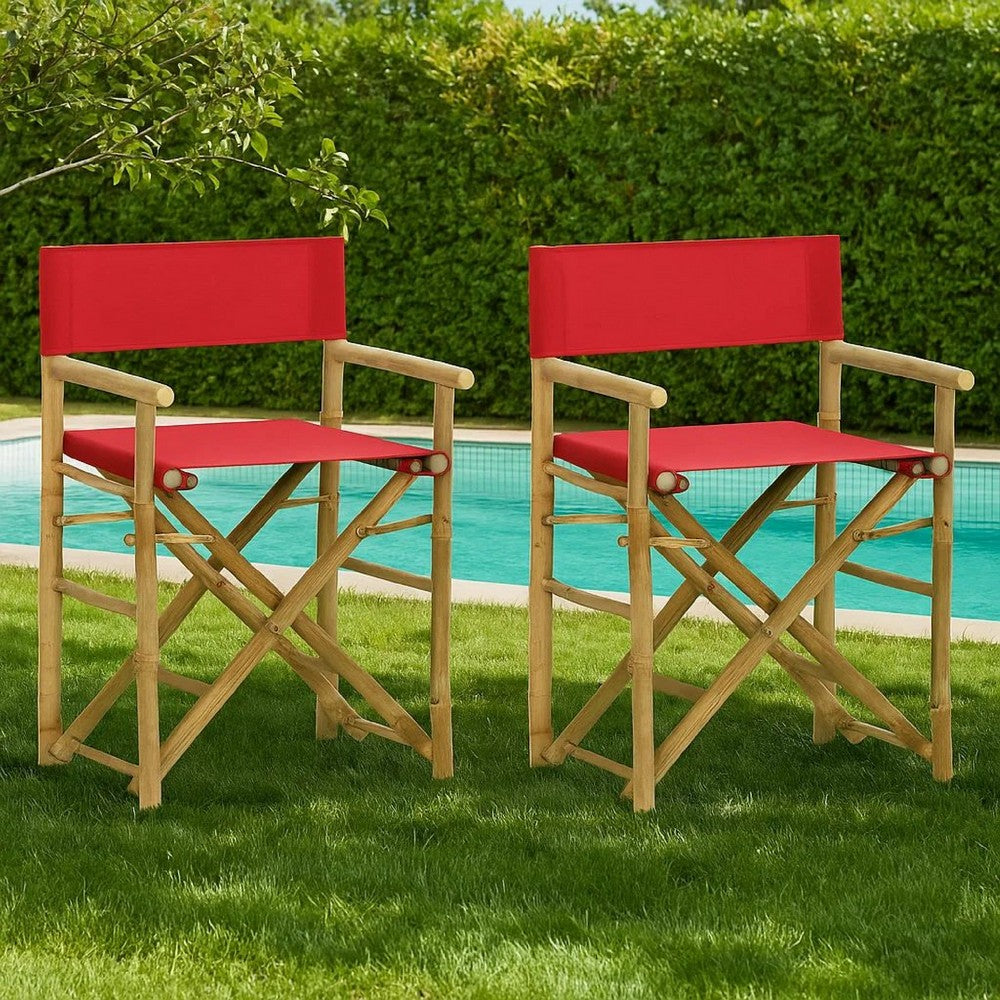 Outdoor Foldable Accent Chair Set of 2, Red Fabric, Brown Bamboo -BM325627