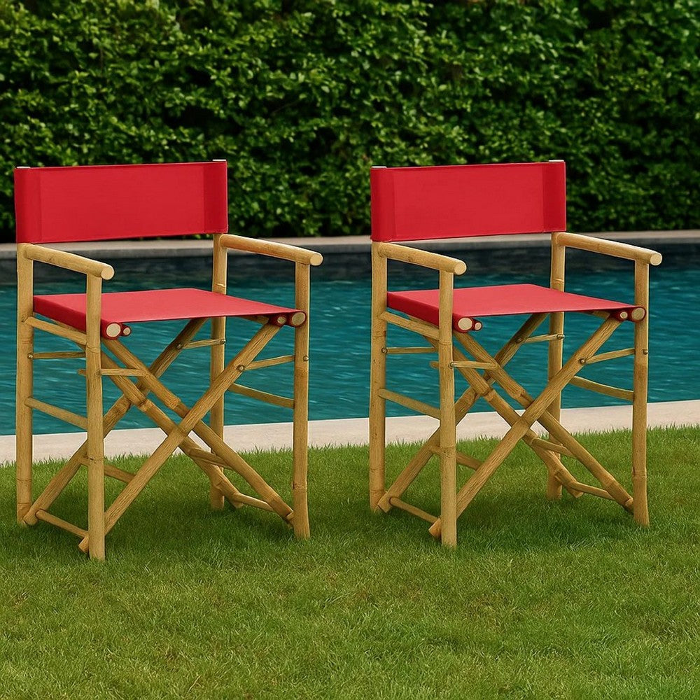 Outdoor Foldable Accent Chair Set of 2, Red Fabric, Brown Bamboo -BM325627
