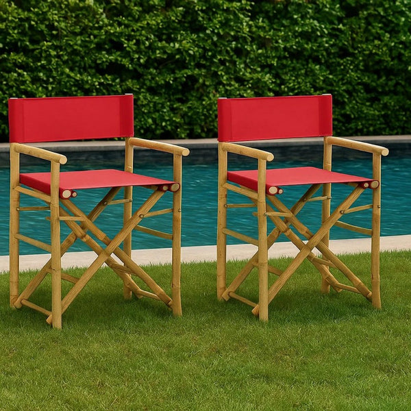 Outdoor Foldable Accent Chair Set of 2, Red Fabric, Brown Bamboo -BM325627