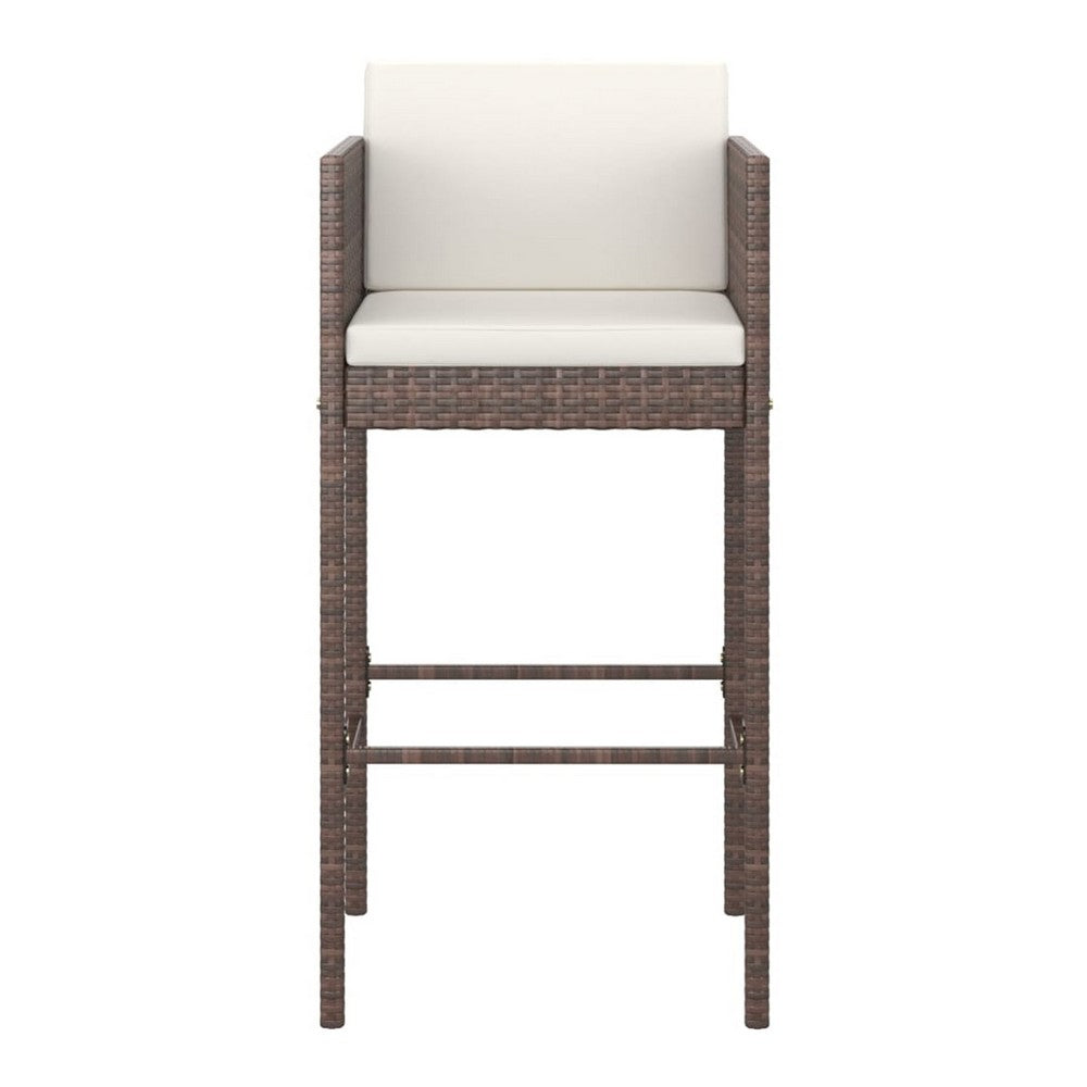 4pc Outdoor Barstool Chair Set, White Cushion, Brown Rattan, 30 Inch -BM325636