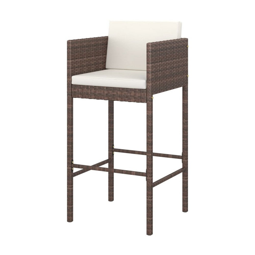 4pc Outdoor Barstool Chair Set, White Cushion, Brown Rattan, 30 Inch -BM325636