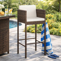 4pc Outdoor Barstool Chair Set, White Cushion, Brown Rattan, 30 Inch -BM325636