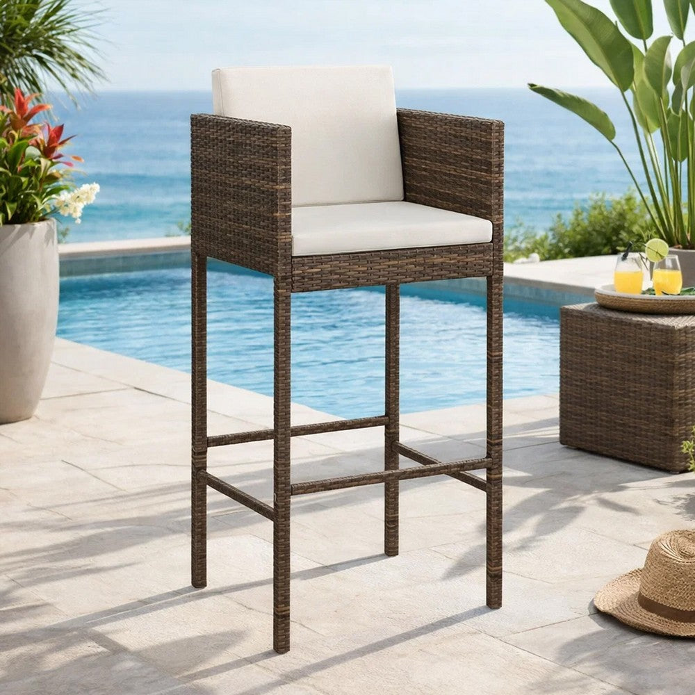 4pc Outdoor Barstool Chair Set, White Cushion, Brown Rattan, 30 Inch -BM325636