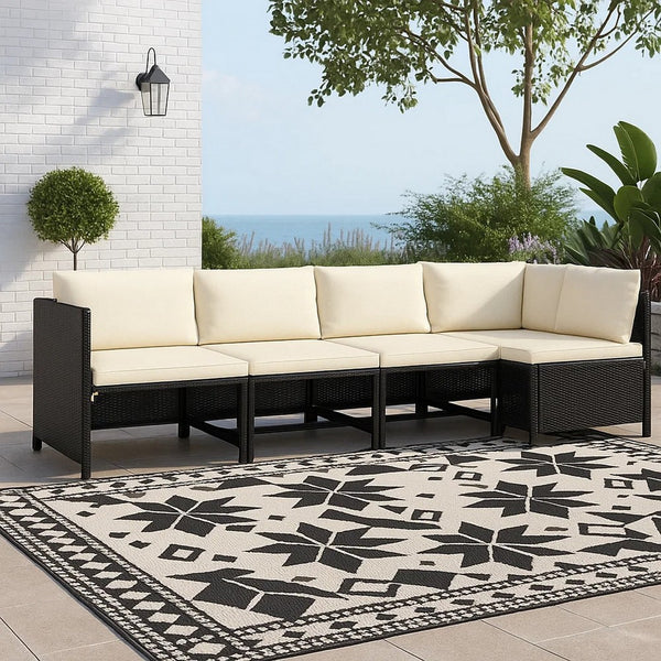 Reno Outdoor 4 Piece Modular Sofa Set, Ivory Cushions, Black Rattan -BM325642