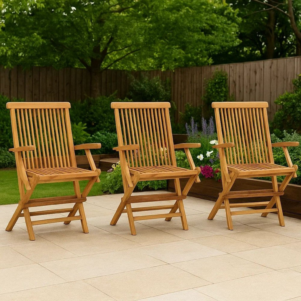 Foldable Outdoor Lounge Chair Set of 3, Slatted Back, Brown Teak Wood -BM325649