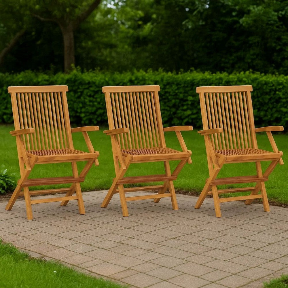 Foldable Outdoor Lounge Chair Set of 3, Slatted Back, Brown Teak Wood -BM325649