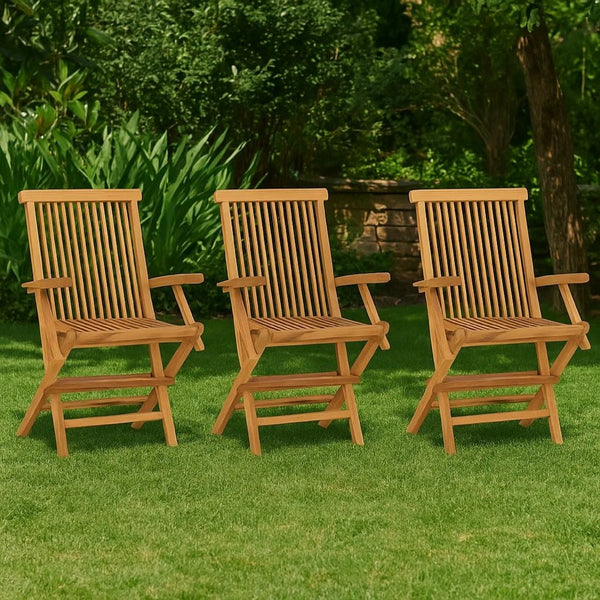 Foldable Outdoor Lounge Chair Set of 3, Slatted Back, Brown Teak Wood -BM325649