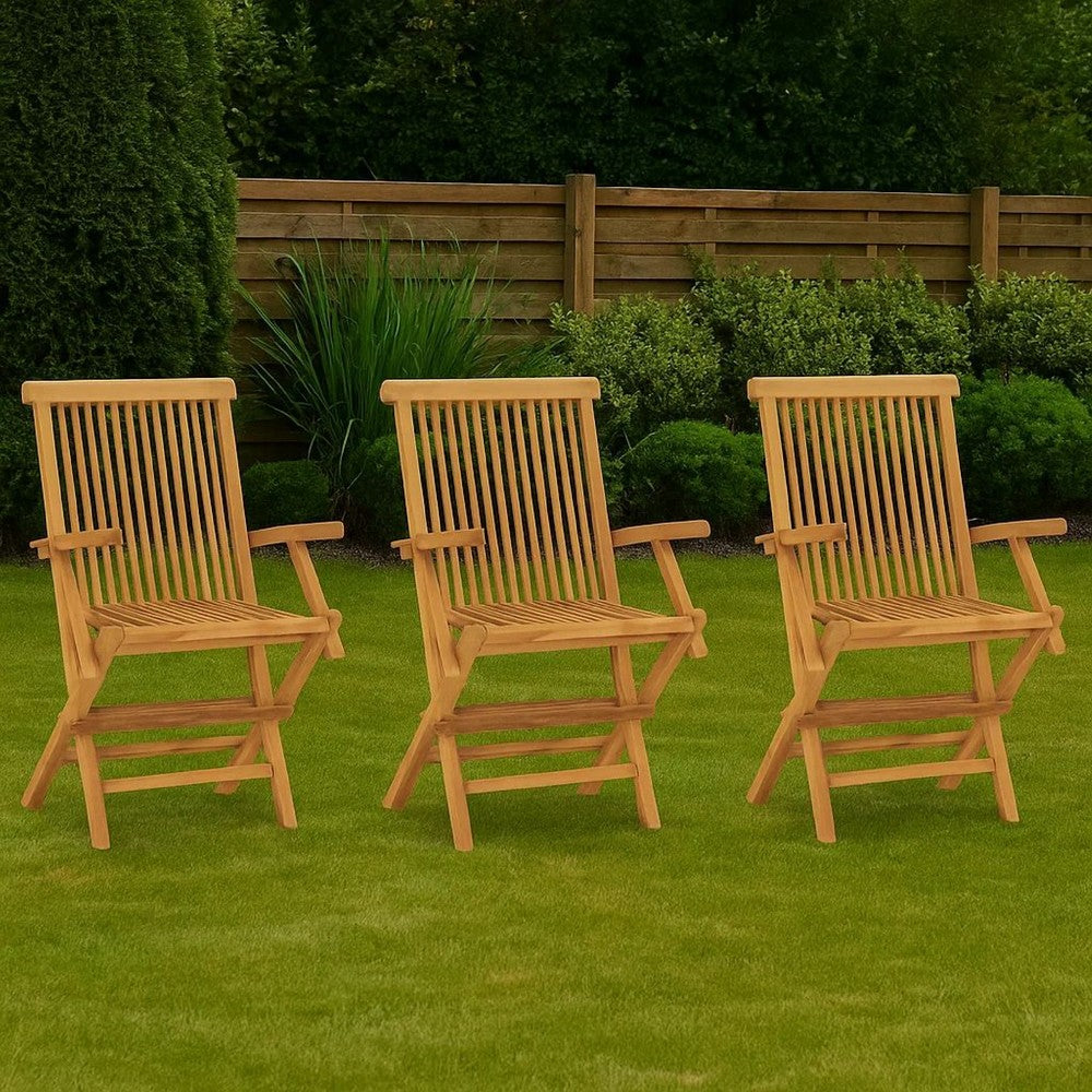 Foldable Outdoor Lounge Chair Set of 3, Slatted Back, Brown Teak Wood -BM325649