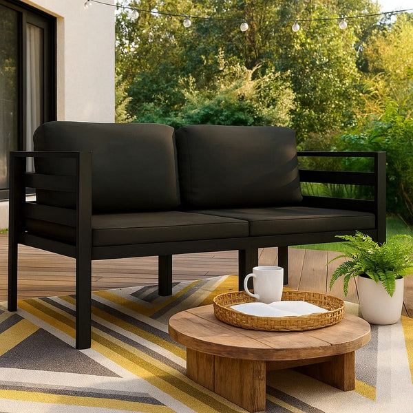 Shina 2pc Modular Outdoor Sofa Set, Black Aluminum, Polyester Fabric -BM325666