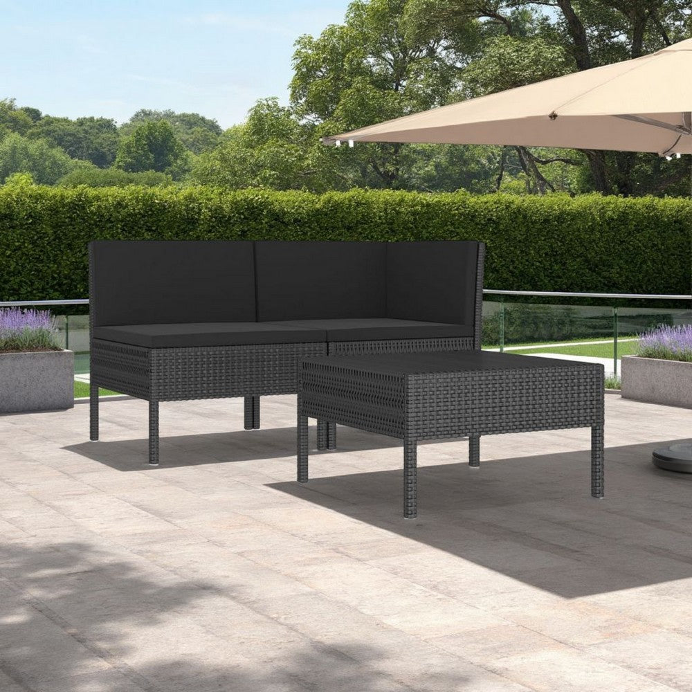3pc Outdoor Lounge Set, Coffee Table and Loveseat Black Poly Rattan -BM325673