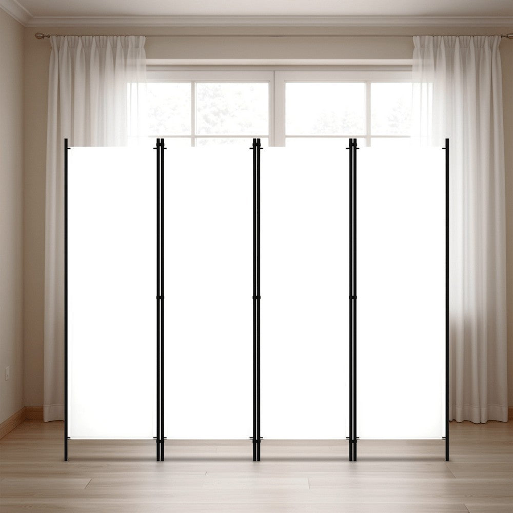 Folding Room Divider, 79x71 White Fabric, Black Iron Frame, 4 Panels -BM325679