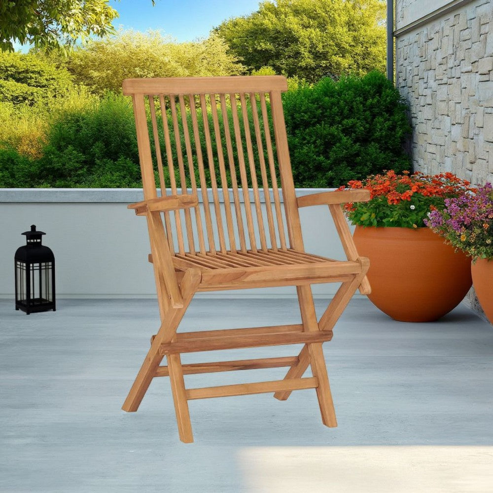 Folding Outdoor Chair Set of 2, Brown Solid Teak Wood, Slatted Back -BM325682