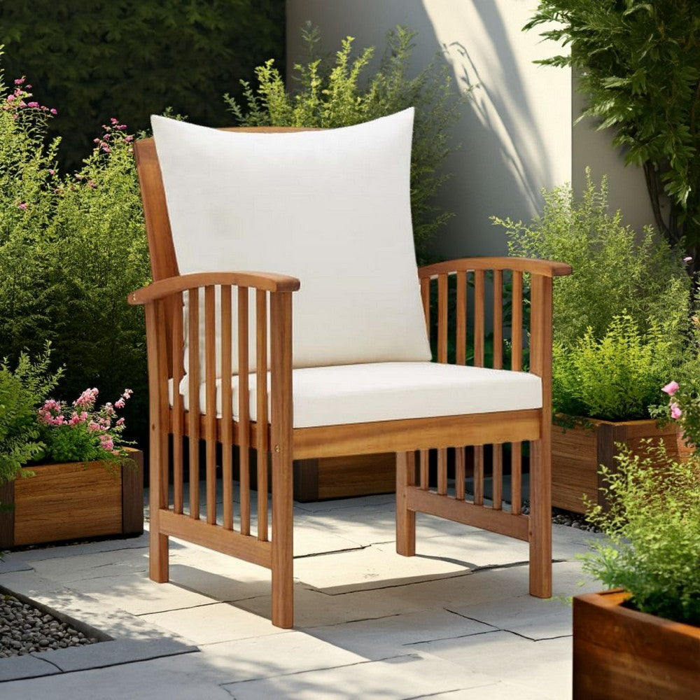 Mia Outdoor Chair Set of 2, White Fabric, Brown Wood, Slatted Design -BM325687