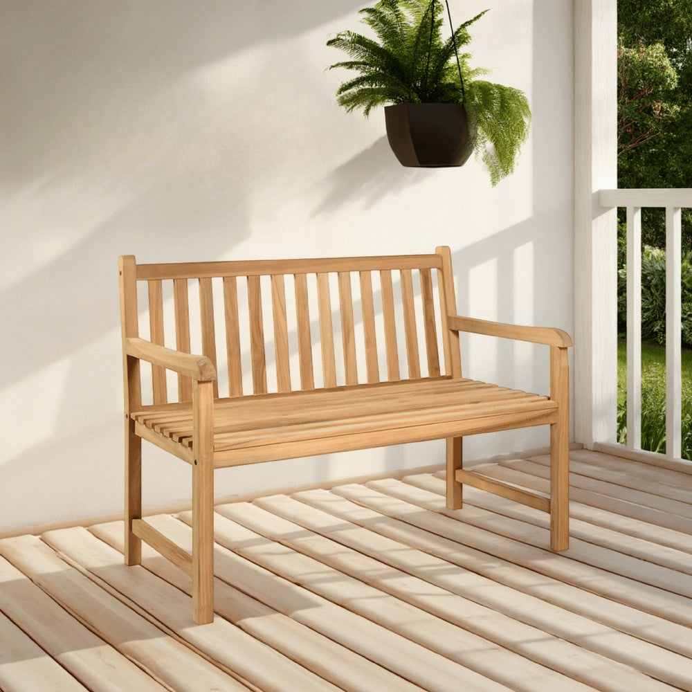 Outdoor Bench, Natural Brown Teak Wood Frame, Slatted Design, 45 Inch -BM325689