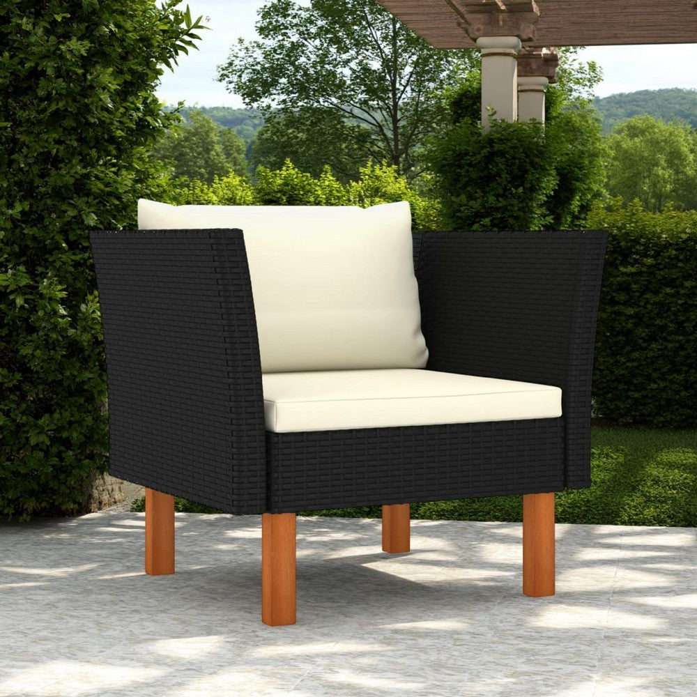 Outdoor Sofa Chair, Black Rattan, Ivory Cushions, Brown Wood 29 Inch -BM325690