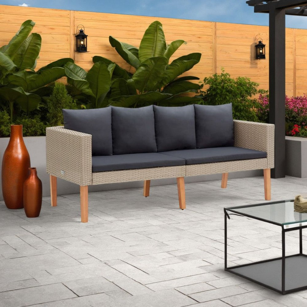 Outdoor Sofa, Beige Rattan, Gray Fabric Cushions, Brown Wood, 65 Inch -BM325691