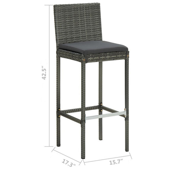 Outdoor Barstool Chair Set of 2, Gray Rattan, Black Fabric Cushions -BM325694