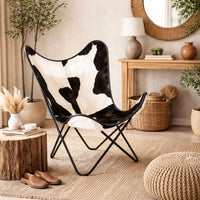 Butterfly Chair, Black and White Genuine Cowhide Upholstery, Metal -BM325703