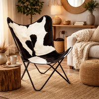 Butterfly Chair, Black and White Genuine Cowhide Upholstery, Metal -BM325703