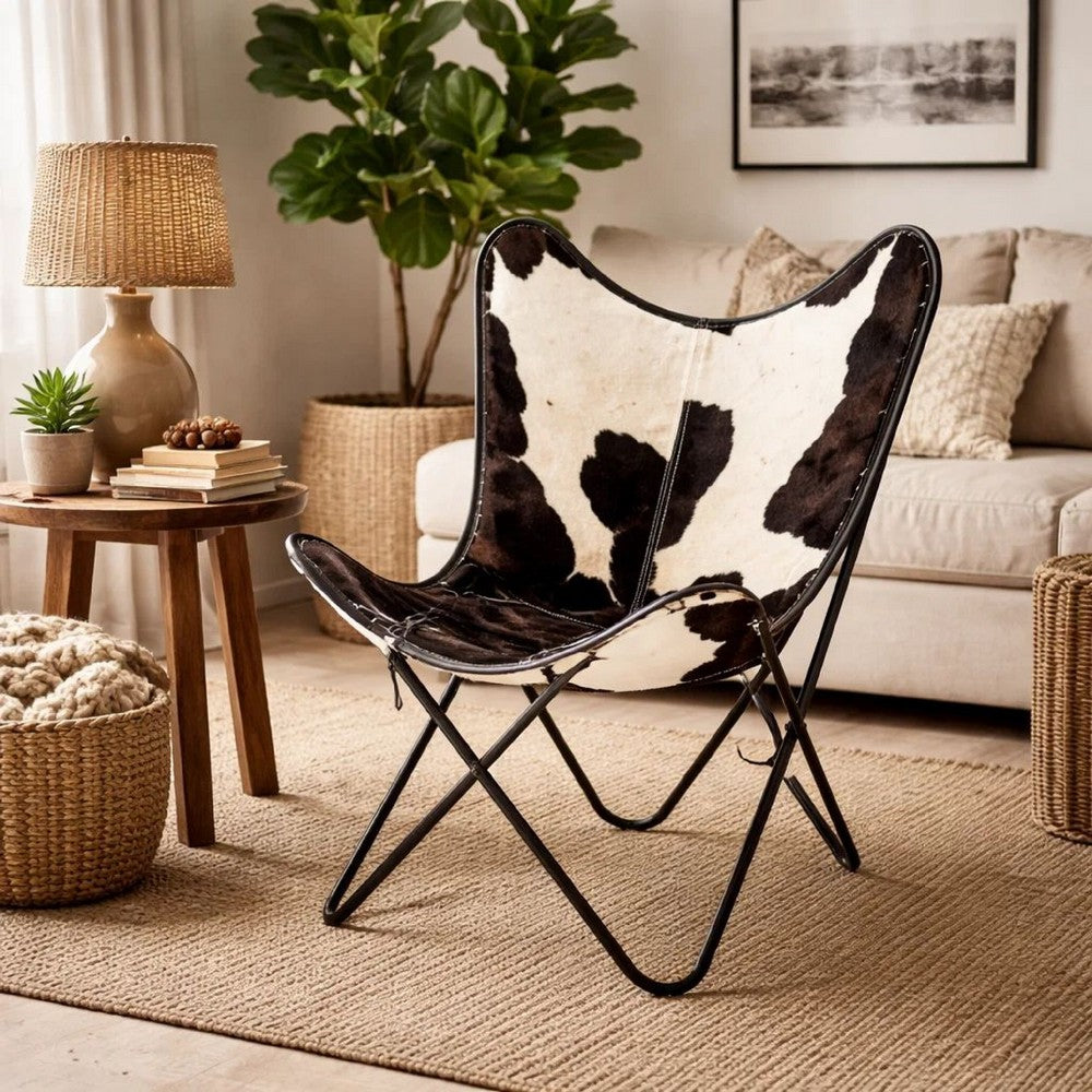 Butterfly Chair, Black and White Genuine Cowhide Upholstery, Metal -BM325703