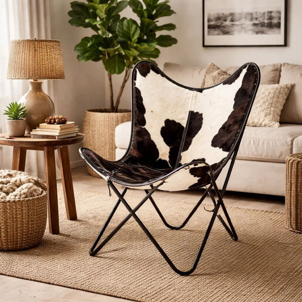 Butterfly Chair, Black and White Genuine Cowhide Upholstery, Metal -BM325703
