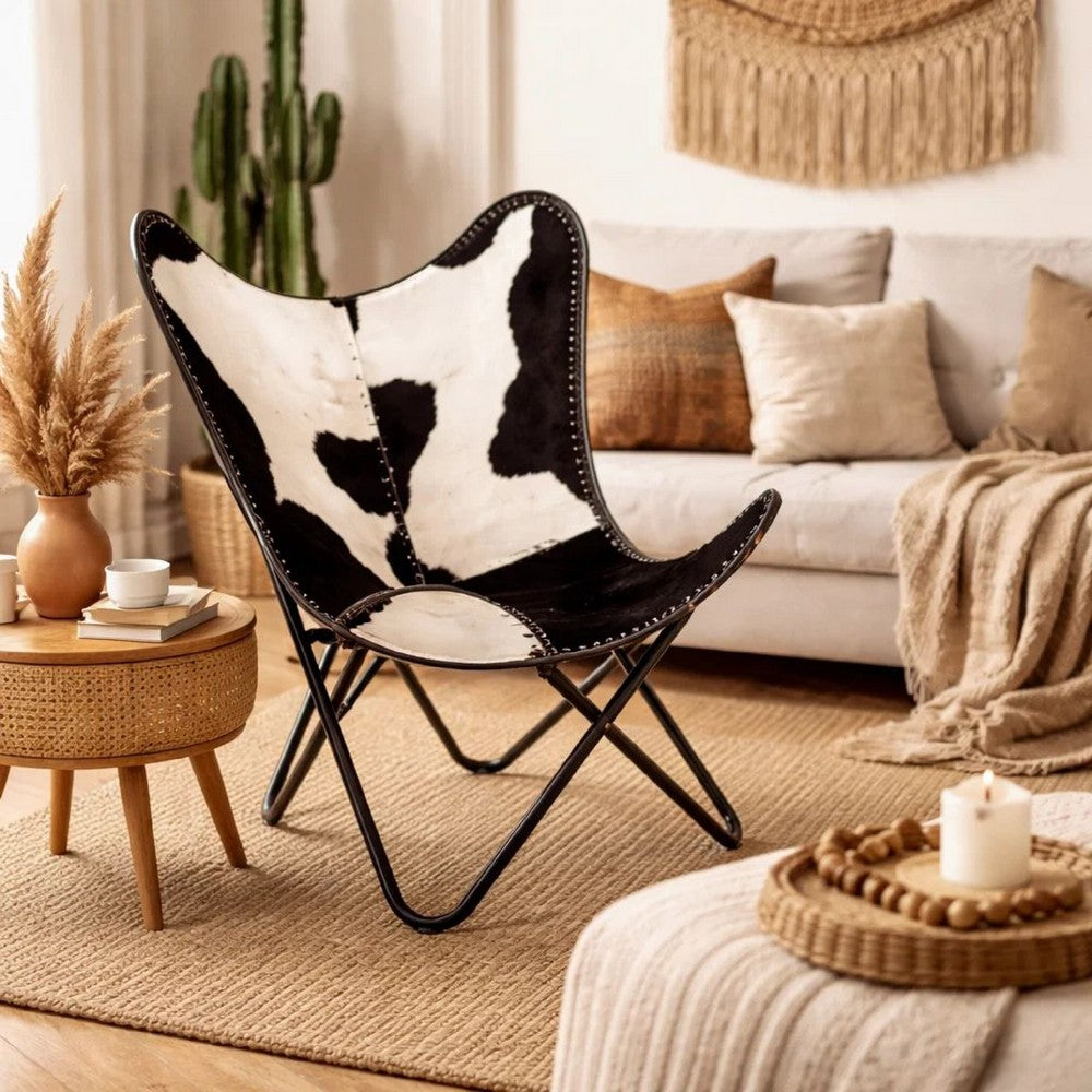 Butterfly Chair, Black and White Genuine Cowhide Upholstery, Metal -BM325703