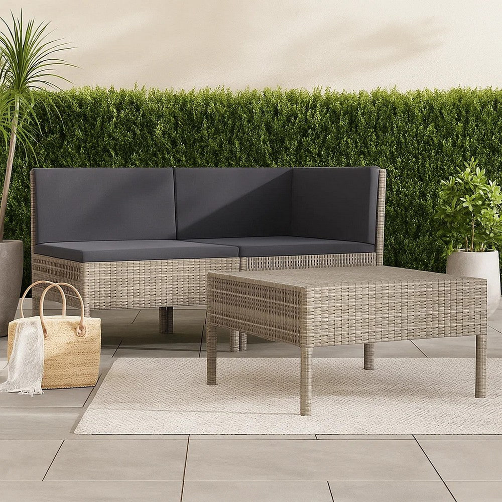 Outdoor 3pc Patio Sofa Set with Table, Dark Gray Cushions, Poly Rattan -BM325727