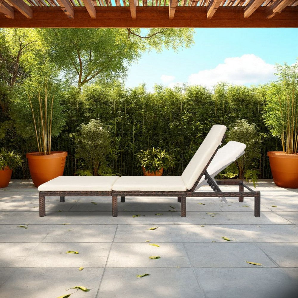 Outdoor Sun Lounger with White Cushion, Adjustable Back, Brown Wood -BM325737
