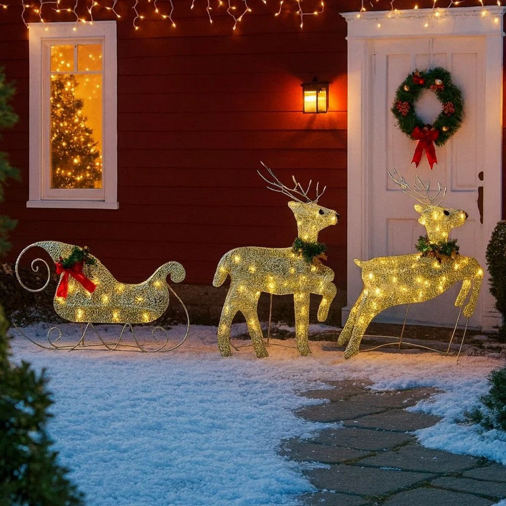 Garden 4pc Reindeer and Sleigh Christmas Decoration, 100 LEDs, Gold -BM325738
