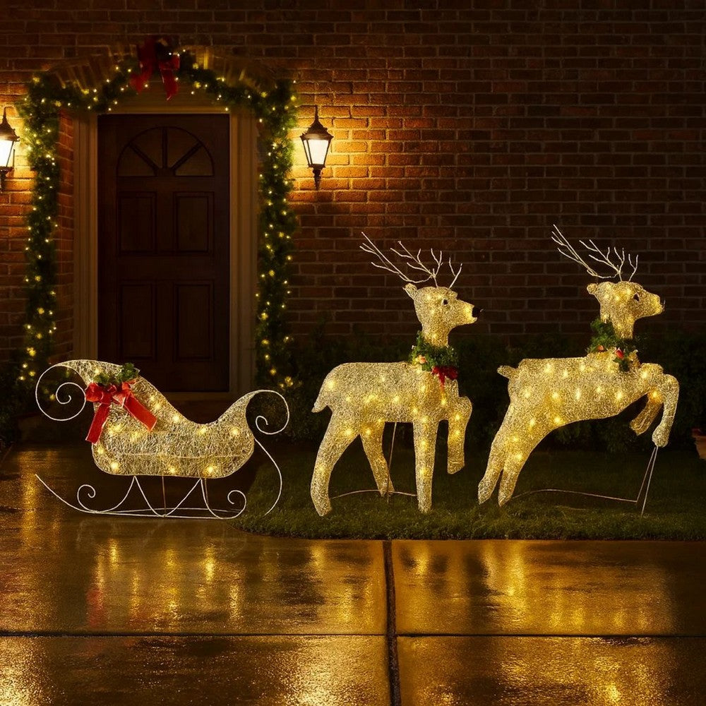 Garden 4pc Reindeer and Sleigh Christmas Decoration, 100 LEDs, Gold -BM325738