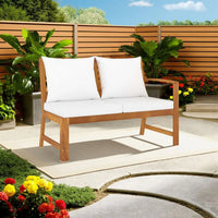 Outdoor Patio Bench, 45 Inch, Solid Brown Acacia Wood, Cream Polyester -BM325747