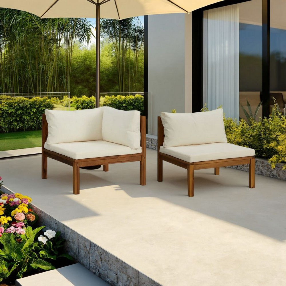 2pc Outdoor Modular Corner Sofa, Square Acacia Wood, White Polyester -BM325752