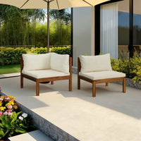 2pc Outdoor Modular Corner Sofa, Square Acacia Wood, White Polyester -BM325752