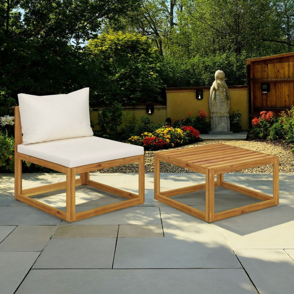 2pc Outdoor Chair and Table Set, Square Top, Brown Acacia Wood, White -BM325757
