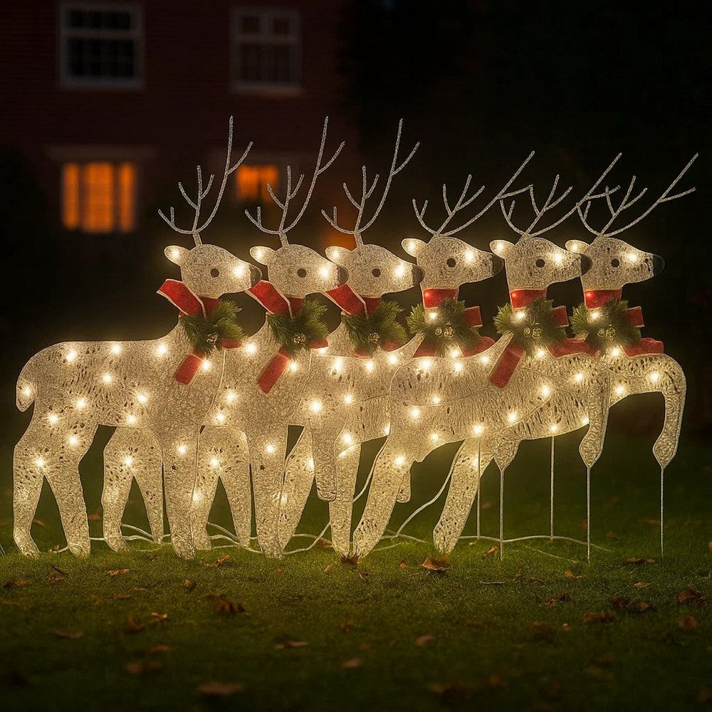 Outdoor 120 LED Light Christmas Decor Reindeer Set of 6, Silver Metal -BM325767