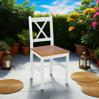Outdoor Dining Side Chair Set of 4, Square Brown Pine Wood Seat, White -BM325798