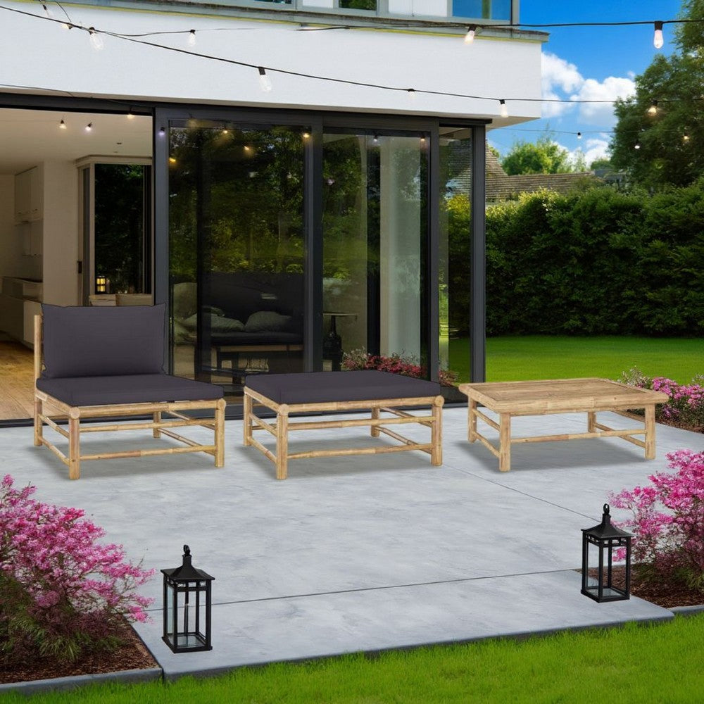 3pc Outdoor Modular Lounge Set, Table and Ottoman, Bamboo, Dark Gray -BM325800