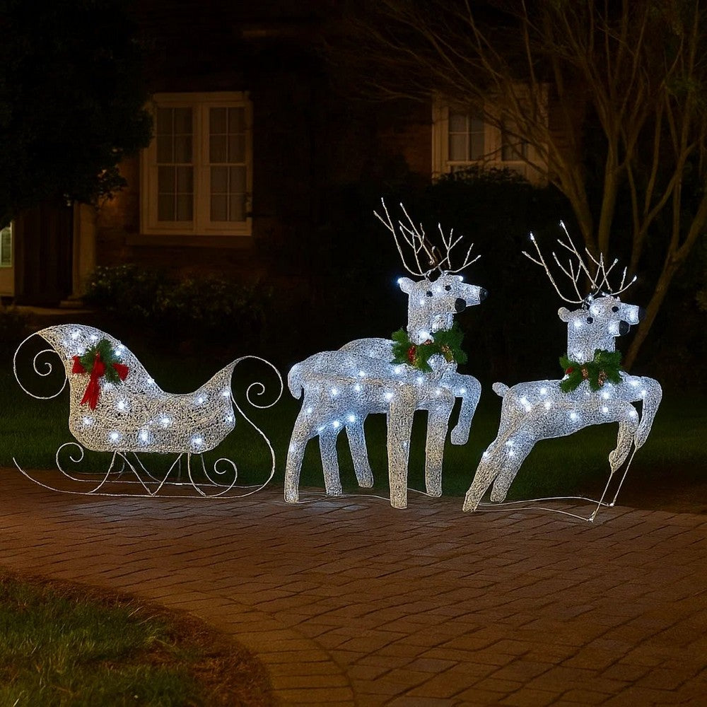 Outdoor Christmas Reindeer and Sleigh Decoration, 60 Silver LED Lights -BM325803