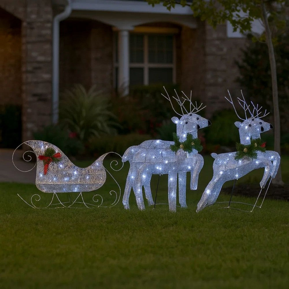 Outdoor Christmas Reindeer and Sleigh Decoration, 60 Silver LED Lights -BM325803